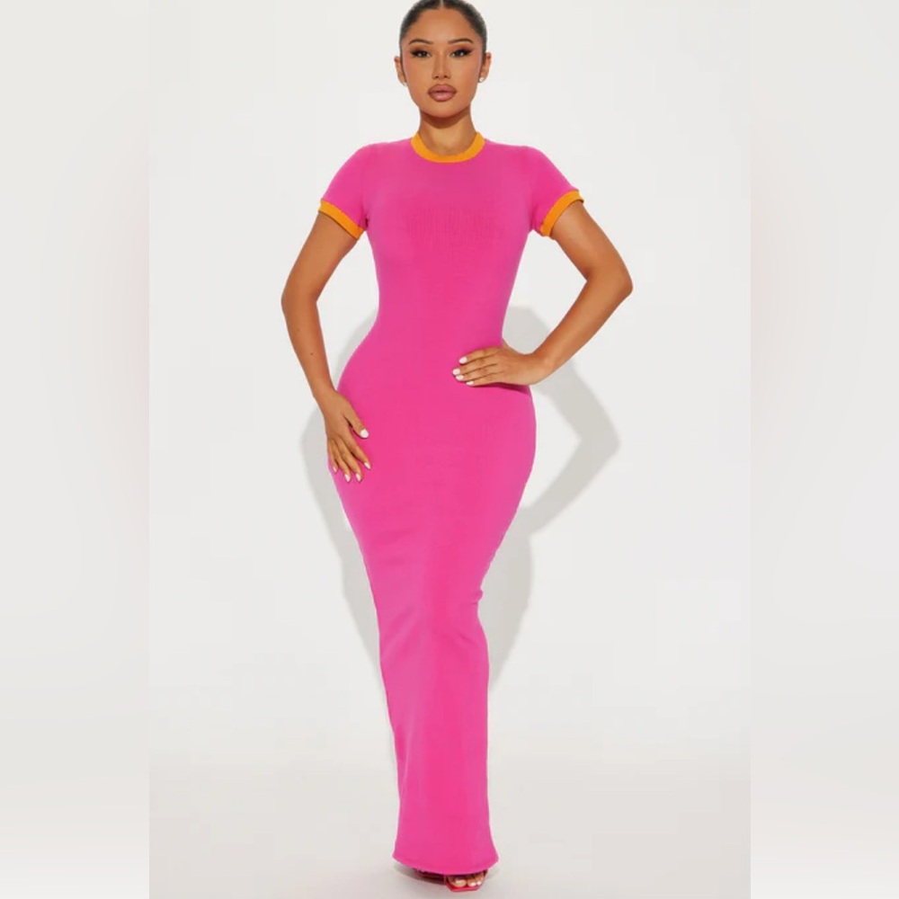 Snatched Pink Maxi Dress with Orange Accents
